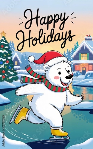 Happy holidays with ice skating polar bear
