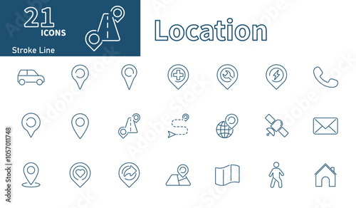 Location icon. Collection of thin line vector icons on the theme of contact, location information, pin, map, GPS satellite.