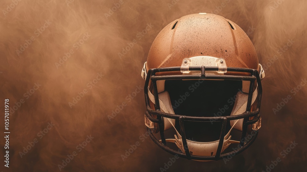 Naklejka premium Close-up of a vintage football helmet on a textured background, highlighting its design and detail.