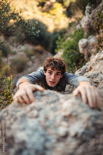 Young man in a gray shirt grips tightly to rocky ledge, focused on reaching the top. Outdoor adventure and determination are evident in this dynamic capture. photo