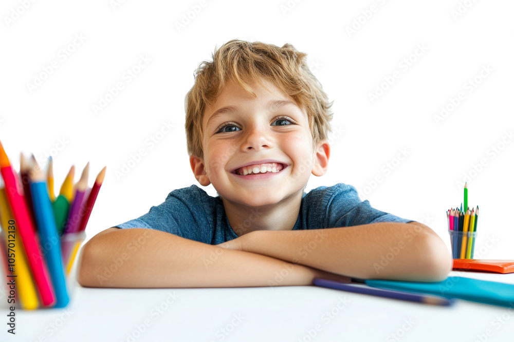 A cheerful boy smiling at the camera, surrounded by colorful pencils on a white table. A cheerful boy smiling at the camera, surrounded by colorful pencils on a white table.