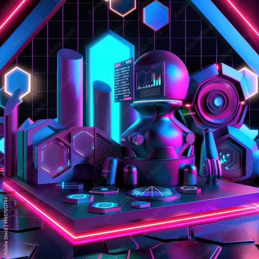 Graphic of 3D model of an AI system strategizing for market growth, set against a backdrop of neon colors and glowing hexagons Graphic of 3D model of an AI system strategizing for market growth, set against a backdrop of neon colors and glowing hexagons
