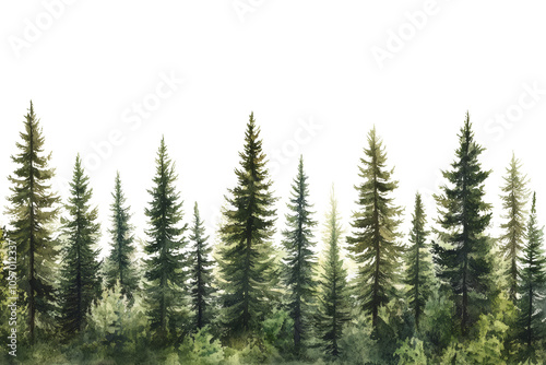A collection of evergreen trees with lush green foliage against a white background.