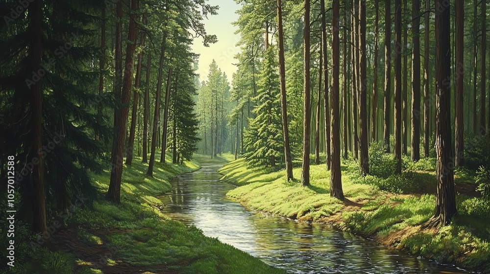 Obraz premium Forest stream under sunlit canopy.