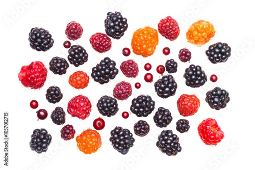 A colorful assortment of fresh berries including blackberries, raspberries, and others on a white isolated background.