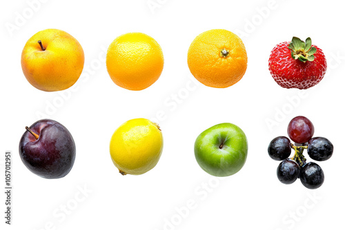 A colorful assortment of fresh fruits including apples, oranges, strawberries, and grapes on a white isolated background.