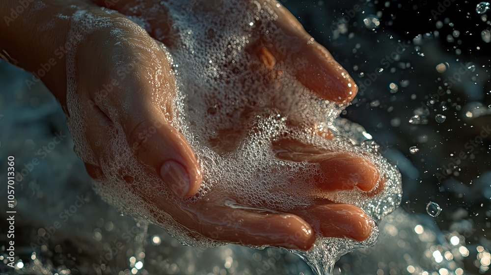 Fototapeta premium Thick soap lather covering hands rubbing together, water flowing gently as bubbles form, clean and bright background.