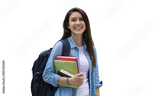 Excited university student woman with backpack and book in hand, smiling and ready for her study abroad adventure. Ideal for education, travel, and youth lifestyle themes.