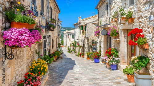 Fototapeta Naklejka Na Ścianę i Meble -  A cobblestone street lined with colorful flowers in a picturesque European village.