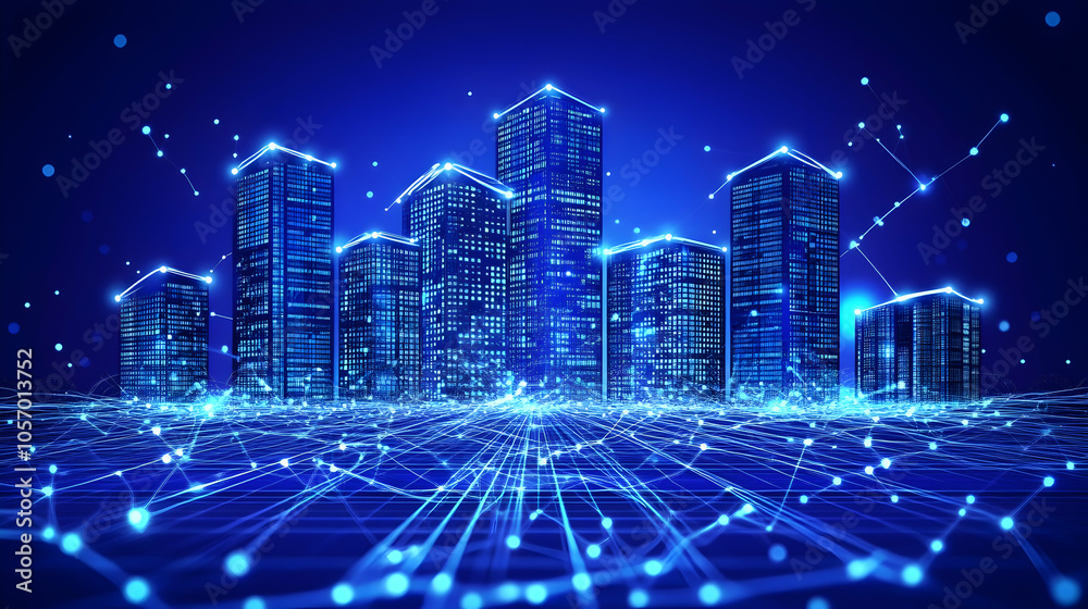 A futuristic cityscape with glowing skyscrapers and a network of lines connecting them. A futuristic cityscape with glowing skyscrapers and a network of lines connecting them.