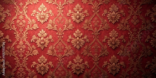 Golden Floral Damask Wallpaper - Red Background - Intricate Pattern - Vintage Design