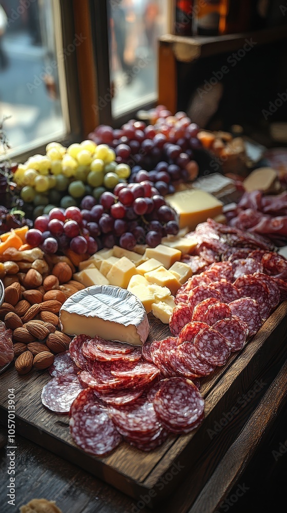 Artisan cheese and cured meat platter, elegantly presented on a rustic wooden board, accompanied by fresh grapes and assorted nuts. Artisan cheese and cured meat platter, elegantly presented on a rustic wooden board, accompanied by fresh grapes and assorted nuts.