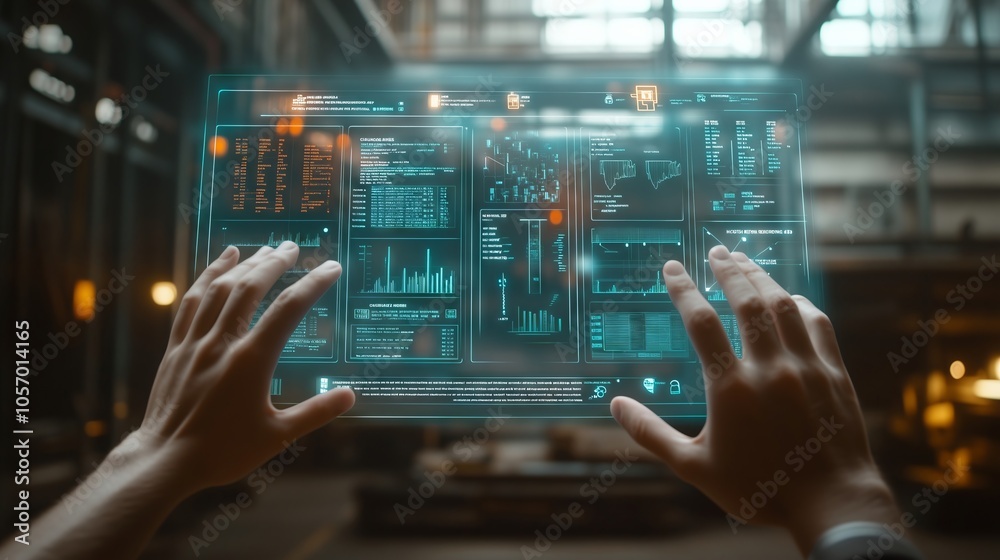 Engineer using futuristic transparent screen displaying data in industrial environment Engineer using futuristic transparent screen displaying data in industrial environment