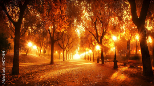 A path through an autumnal park at dusk, illuminated by streetlights.