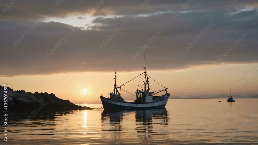 Fishing boat anchored in a calm bay at sunrise Fishing boat anchored in a calm bay at sunrise