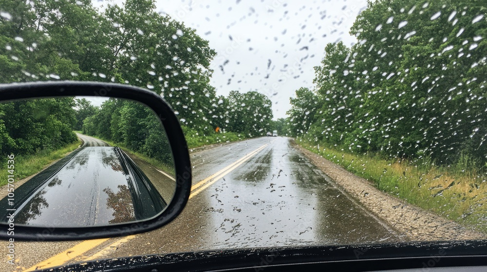 Wet rearview mirror reflecting rainy road, raindrops adding texture and depth to a cloudy day on the highway. Wet rearview mirror reflecting rainy road, raindrops adding texture and depth to a cloudy day on the highway.