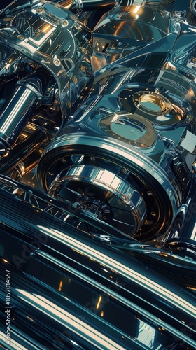 Illustrate a futuristic vision of automotive parts with a wide-angle perspective, incorporating sleek lines, metallic sheens, and dynamic lighting effects using CG 3D rendering