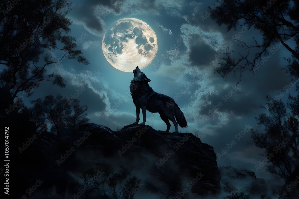 Fototapeta A lone wolf howling at a full moon in a dark forest