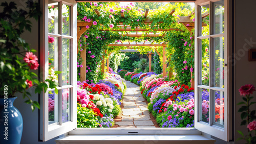 Open French Windows Offering a View to a Blossoming Garden Pathway Under a Floral Pergola.