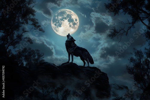 A lone wolf howling at a full moon in a dark forest photo