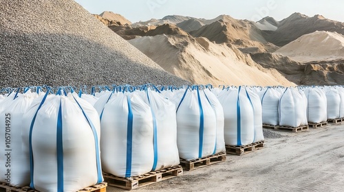 White bulk bags storing construction aggregates in a quarry photo