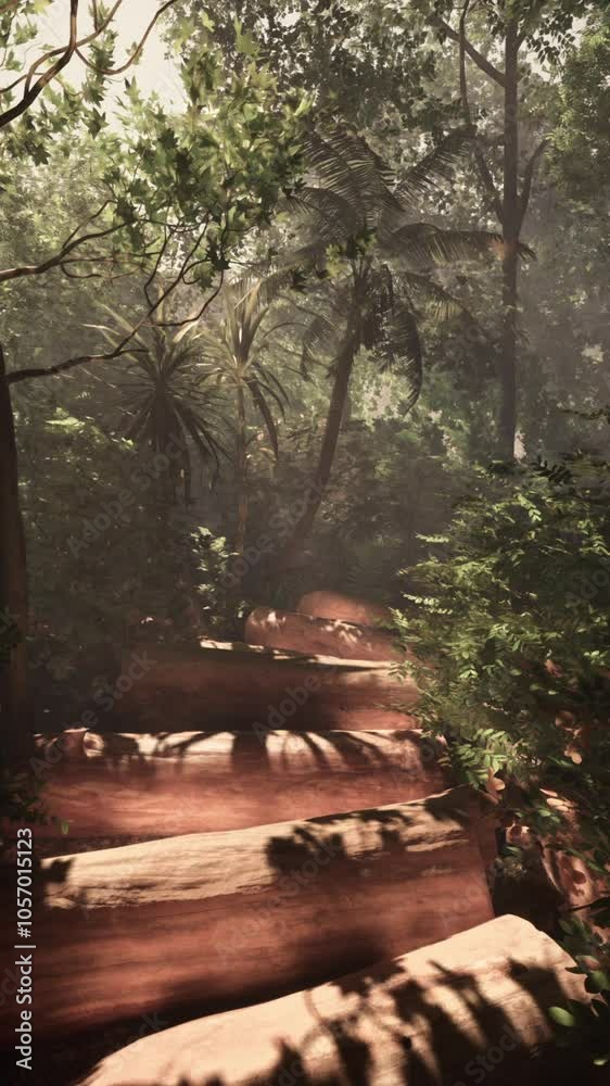 Hiking through a mist-covered pathway in the tropical forest Hiking through a mist-covered pathway in the tropical forest