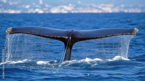 Whale tail rising above the ocean surface, droplets sparkling as it lifts gracefully, with a serene ocean horizon in the background.