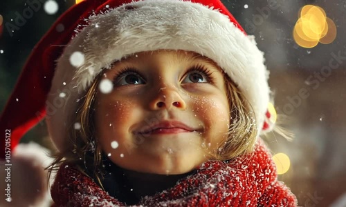 Child's face lighting up with joy as they spot Santa Claus in the distance, with snow gently falling around them