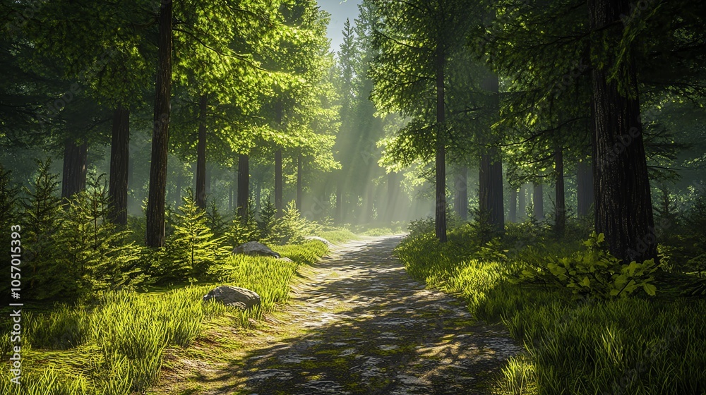 Sunlit forest path with lush greenery. Sunlit forest path with lush greenery.