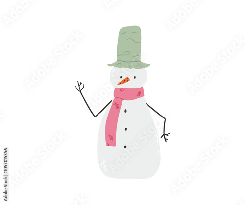 Cute snowman drawn in flat style. Winter, holidays, snow. Hand drawn vector illustration.