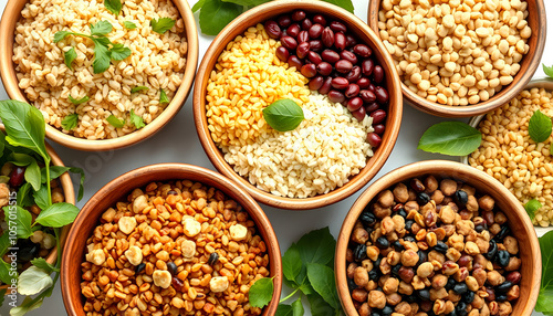 A variety of grains and legumes in bowls ready for a healthy meal isolated with white shades, png photo