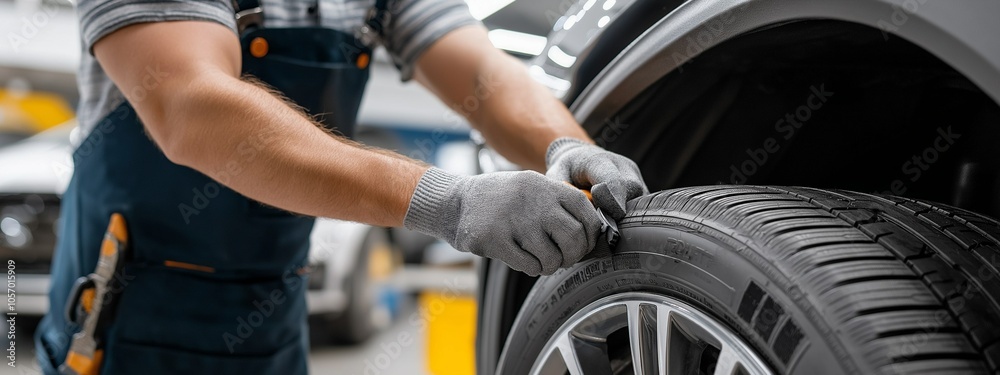 Auto repair worker works with a car wheel. Tire service. Car repair and maintenance. Seasonal replacement of car tires Auto repair worker works with a car wheel. Tire service. Car repair and maintenance. Seasonal replacement of car tires