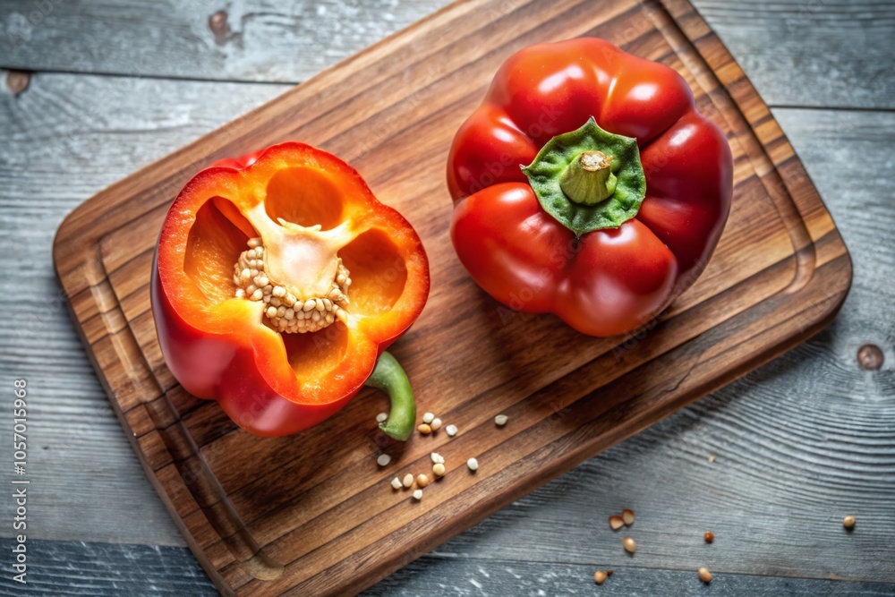 Candid Closeup of Sweet Red Bell Pepper on Cutting Board with Seeds Highlighted for Fresh Produce Photography Candid Closeup of Sweet Red Bell Pepper on Cutting Board with Seeds Highlighted for Fresh Produce Photography