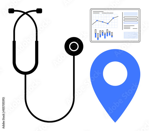 Stethoscope, bar and line graph, and blue location pin. Ideal for theme usage in medical studies, geographic health tracking, data analysis, telemedicine, healthcare management, health navigation