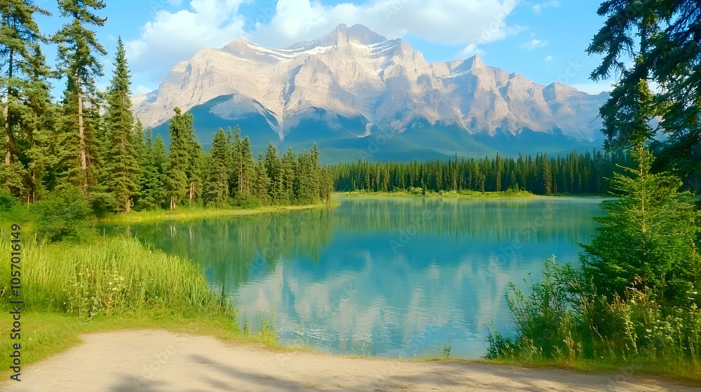 A serene lake with a stunning mountain view. The water reflects the mountains and sky, creating a breathtaking scene. A serene lake with a stunning mountain view. The water reflects the mountains and sky, creating a breathtaking scene.