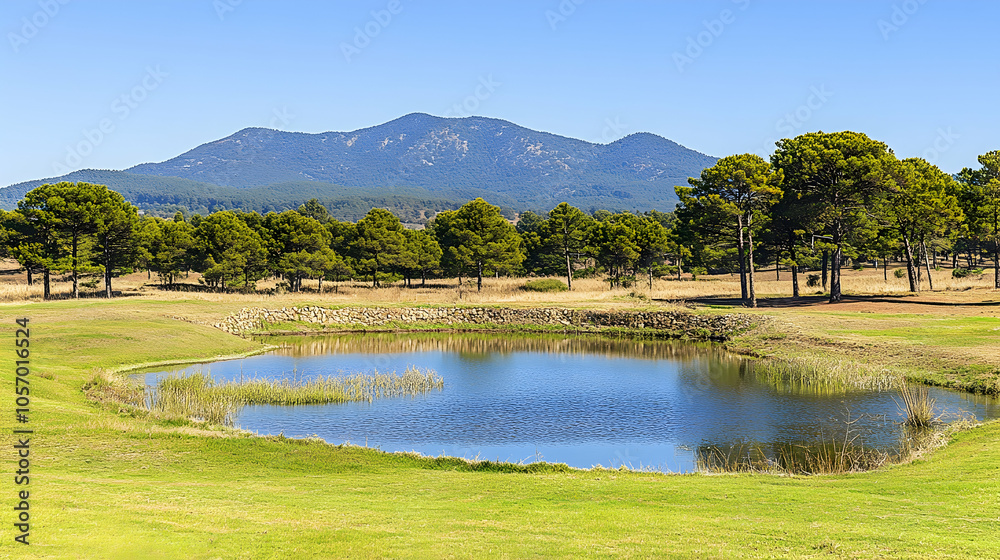 A serene pond nestled in a golf course with a mountain backdrop. A serene pond nestled in a golf course with a mountain backdrop.