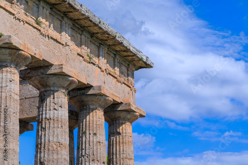 фотографія Trabeation of the Doric Temple of Neptune at Paestum, Italy: the capitals support the entablature composed of two parts, the architrave and the triglyph frieze