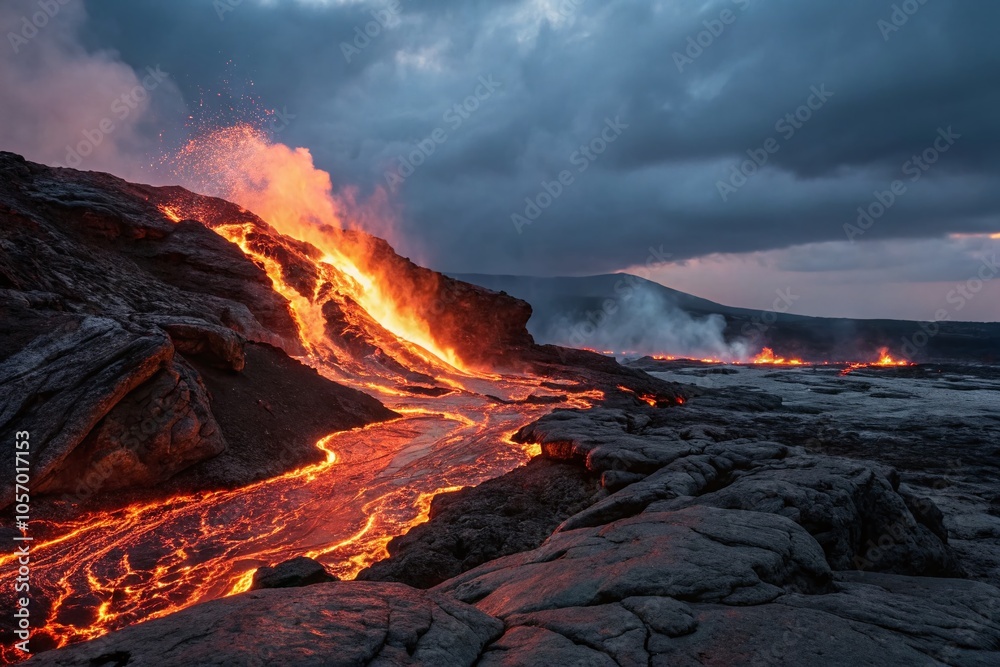 Captivating Double Exposure of Molten Rock and Fiery Spectacle in Nature's Fury Captivating Double Exposure of Molten Rock and Fiery Spectacle in Nature's Fury
