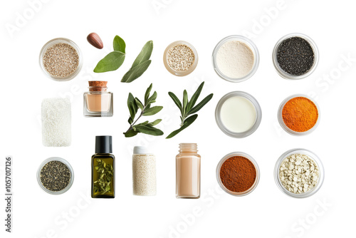 A variety of spices, herbs, and ingredients arranged on a white background, showcasing culinary diversity and flavor. photo