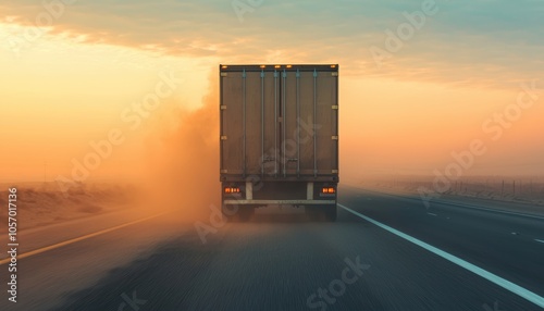 Rear view of a truck kicking up dust on an open highway during a beautiful sunset.
