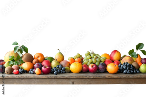 A vibrant arrangement of assorted fresh fruits on a wooden table, showcasing color and variety.