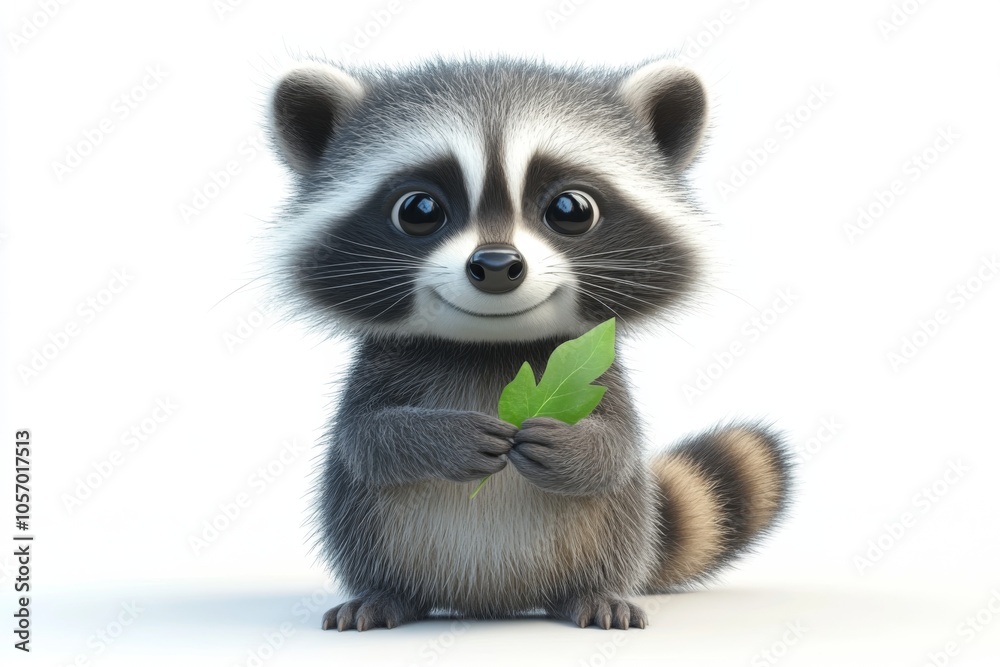 Cute Cartoon Raccoon Holding a Green Leaf Cute Cartoon Raccoon Holding a Green Leaf