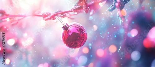 Festive Christmas Ornament Hanging on Snowy Tree Branches