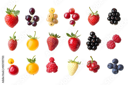 A vibrant assortment of berries displayed on a white background. Perfect for culinary and health related themes. photo