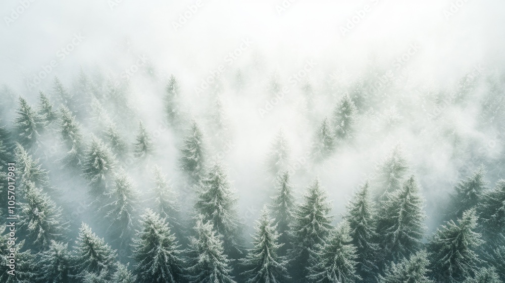 Fototapeta premium Watercolor forest misty mountains horizon landscape sunset fog pine tree fir tree sunrise simple silhouette beautiful art illustration background