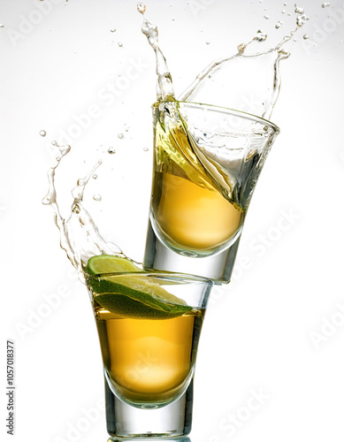 Glasses shot of tequila making toast with splash floating or flying isolated white background