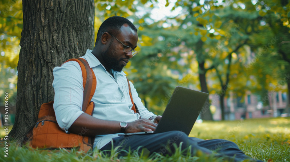 African-American freelancer in suit and white shirt works in the park on laptop. Remote work, working having online meeting, job interview African-American freelancer in suit and white shirt works in the park on laptop. Remote work, working having online meeting, job interview