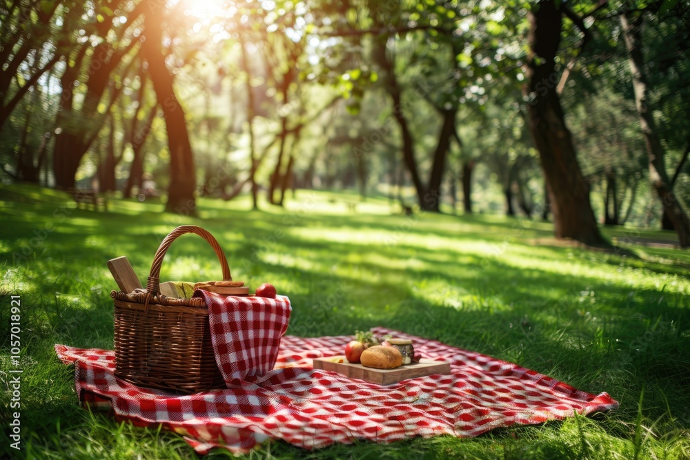 A picnic blanket with food and a basket in a beautiful park A picnic blanket with food and a basket in a beautiful park