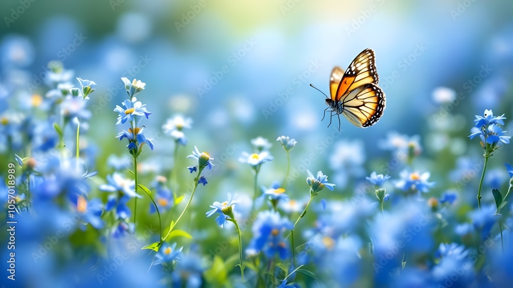 Monarch Butterfly Flying Over Blue Wildflower Meadow: Orange Winged Insect Against Dreamy Floral Background in Spring Sunlight Monarch Butterfly Flying Over Blue Wildflower Meadow: Orange Winged Insect Against Dreamy Floral Background in Spring Sunlight