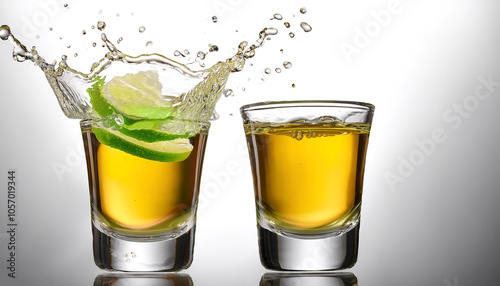 Glasses shot of tequila making toast with splash floating or flying isolated white background